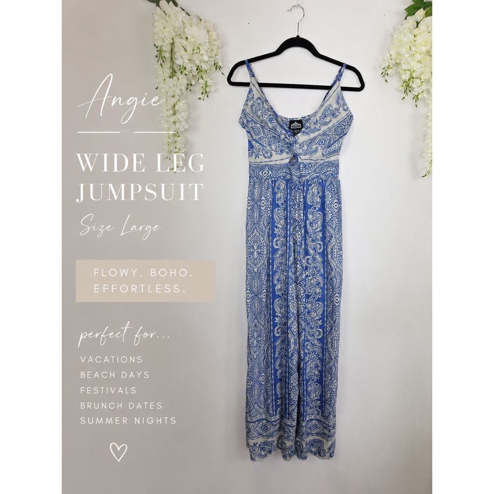 ANGIE Jumpsuit Large Blue White Paisley Twist Front Boho Cottagecore Resort Wear